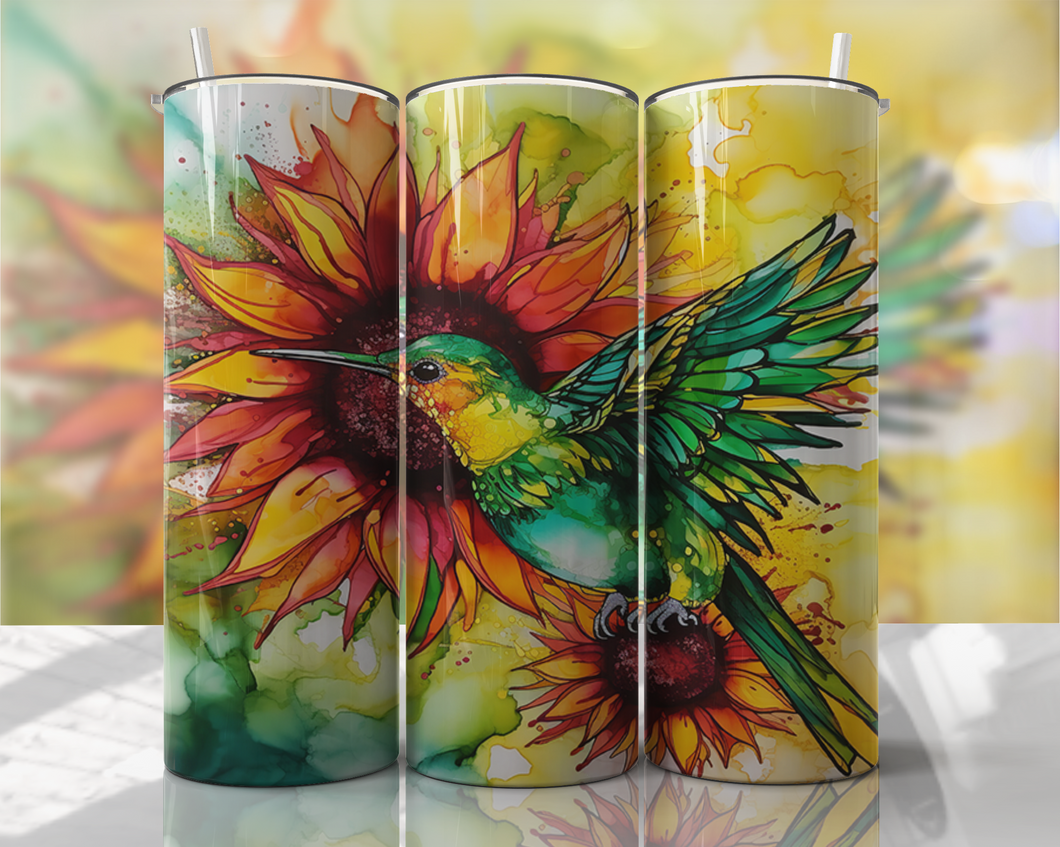 Hummingbird and Sunflower Alcohol Ink 20 oz Tumbler Sublimation Transfer