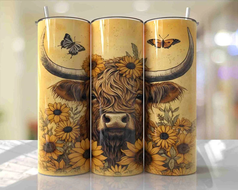Hoghland cow with sunflowers 20 oz Tumbler Sublimation Transfer