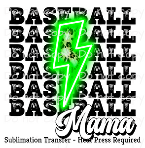 Baseball Mama Bolt Black and Neon Green Sublimation Transfer