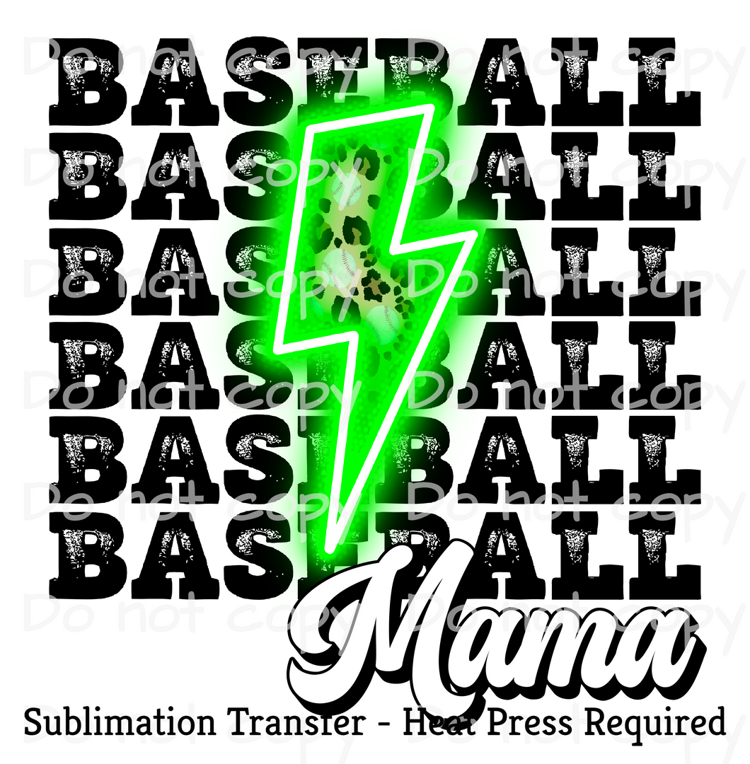 Baseball Mama Bolt Black and Neon Green Sublimation Transfer