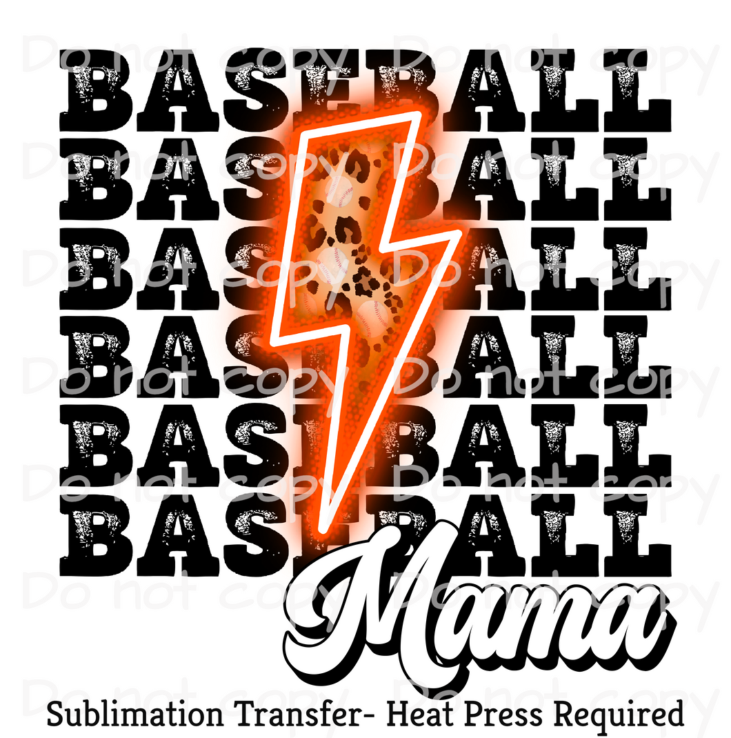 Baseball Mama Orange Bolt Sublimation Transfer