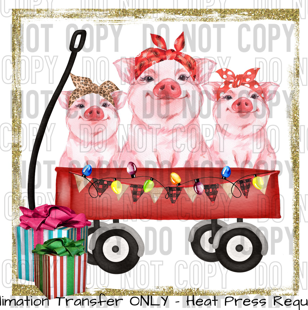 Christmas Red Wagon, Pigs Sublimation Transfer