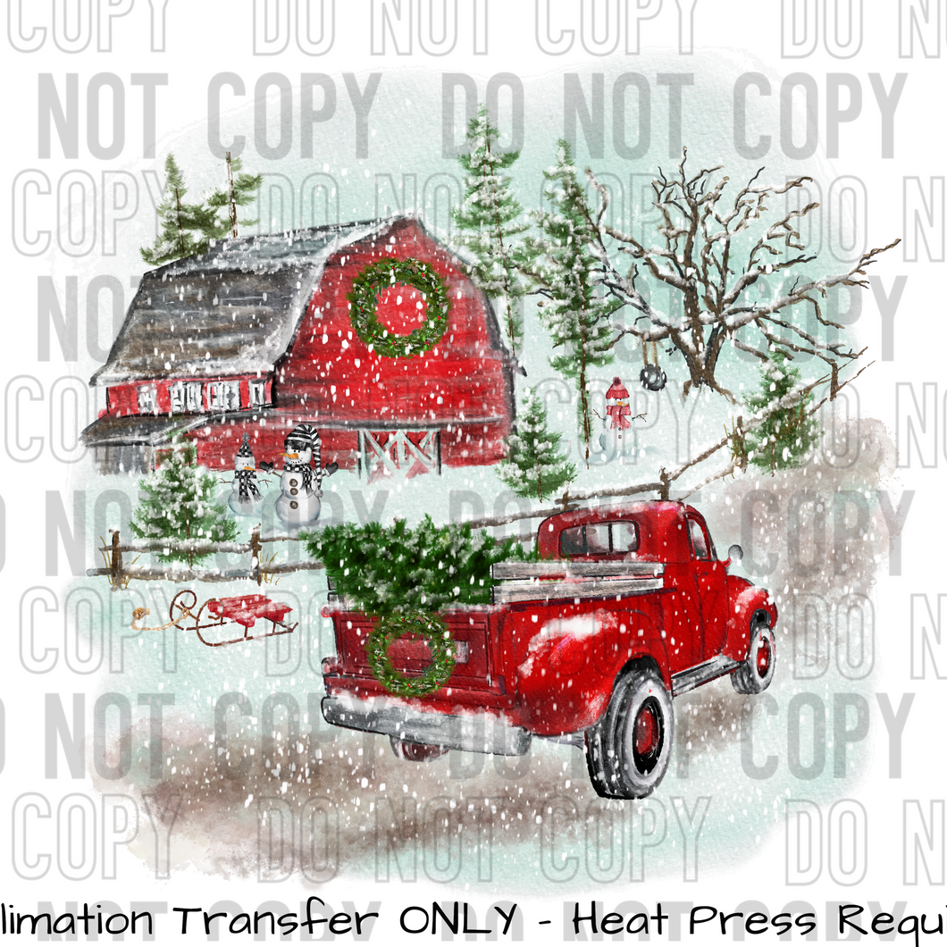 Christmas Farm Scene, Barn & Truck Sublimation Transfer
