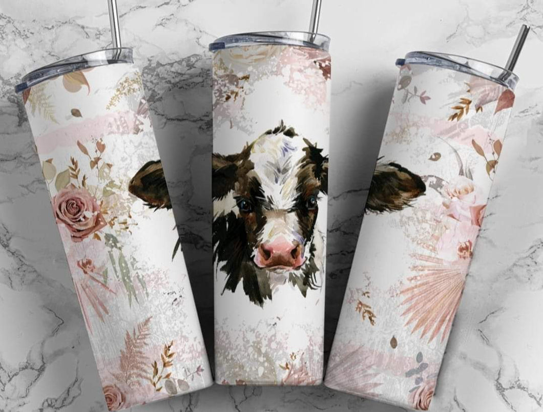 Pink Floral Cow 20 oz Tumbler Sublimation Transfer