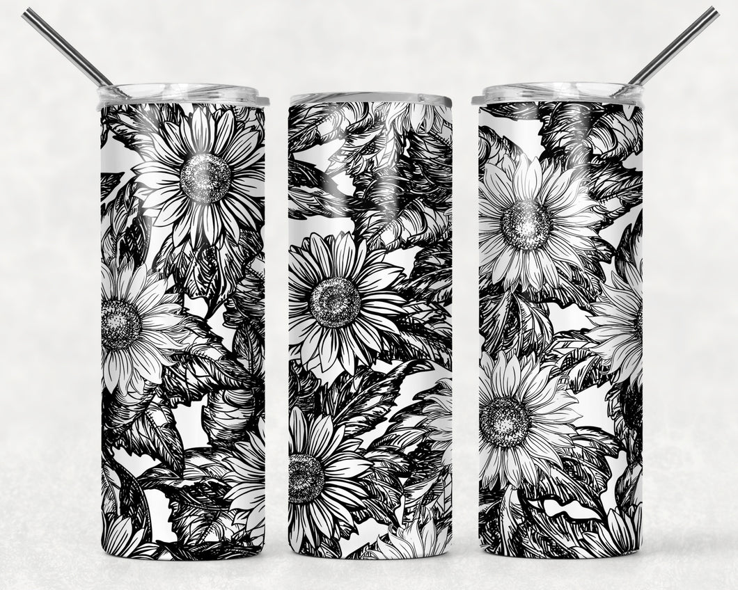 Black and White Sunflowers 20 oz Tumbler Sublimation Transfer