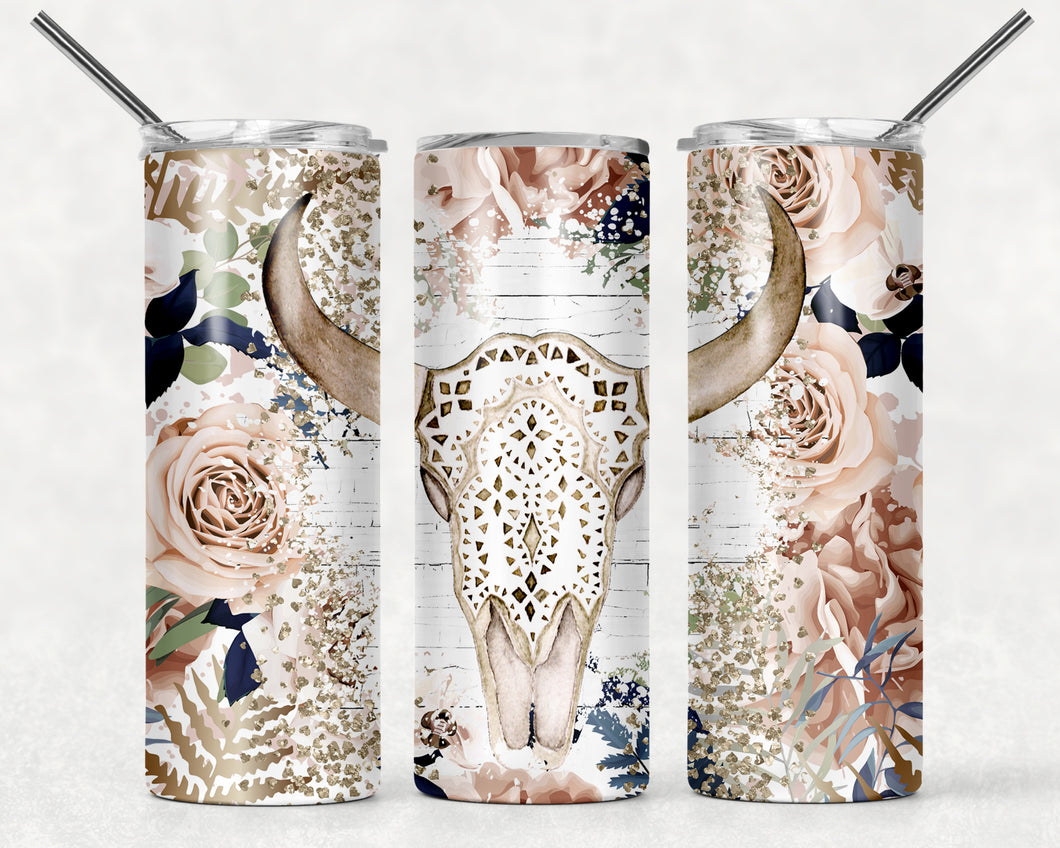 Bull Skull with Floral Print 20 oz Tumbler Sublimation Transfer