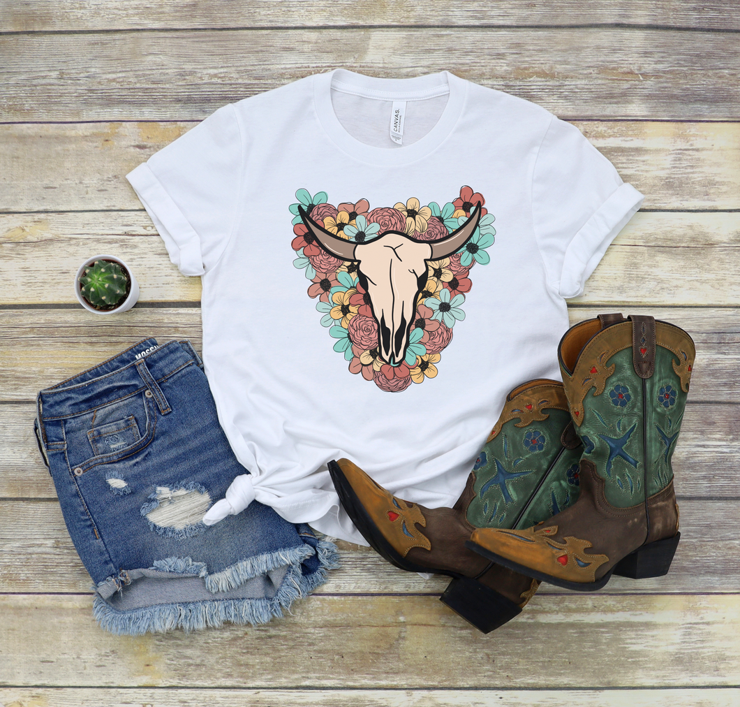 Floral Cow Skull Screen print- High heat formula