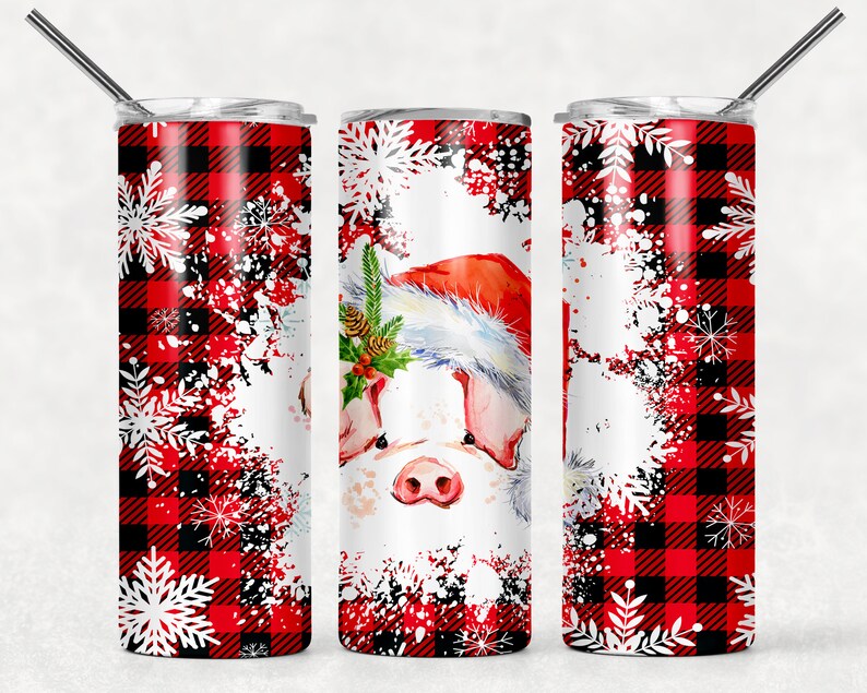 Christmas Pig with Buffalo plaid 20 oz Tumbler Sublimation Transfer