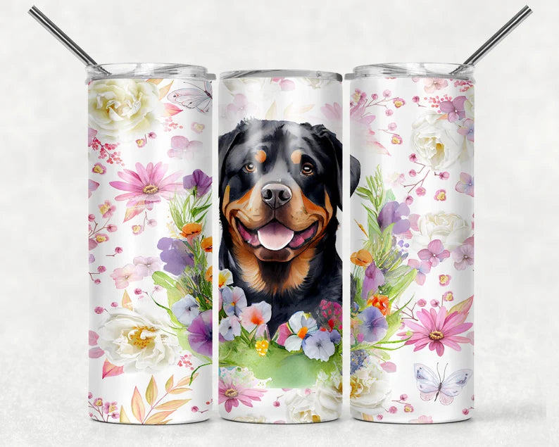 Rottweiler Floral Dog 20 oz Tumbler Sublimation Transfer
