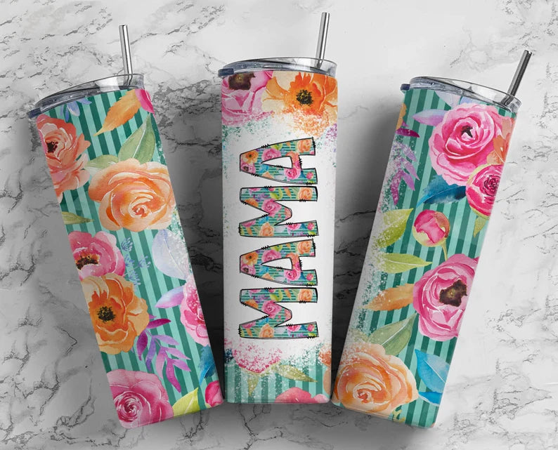 Mama Floral Stripes Flag 20 oz Tumbler Sublimation Transfer