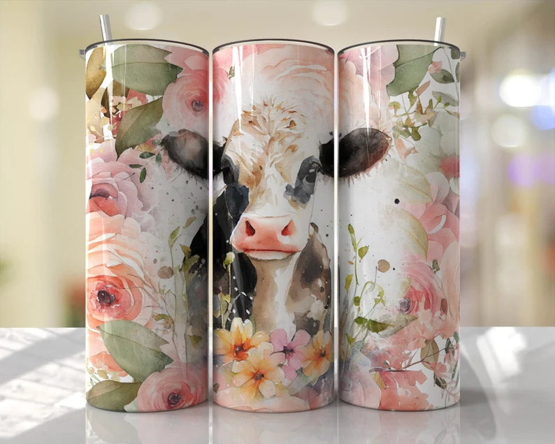 Floral Black and white cow 20 oz Tumbler Sublimation Transfer