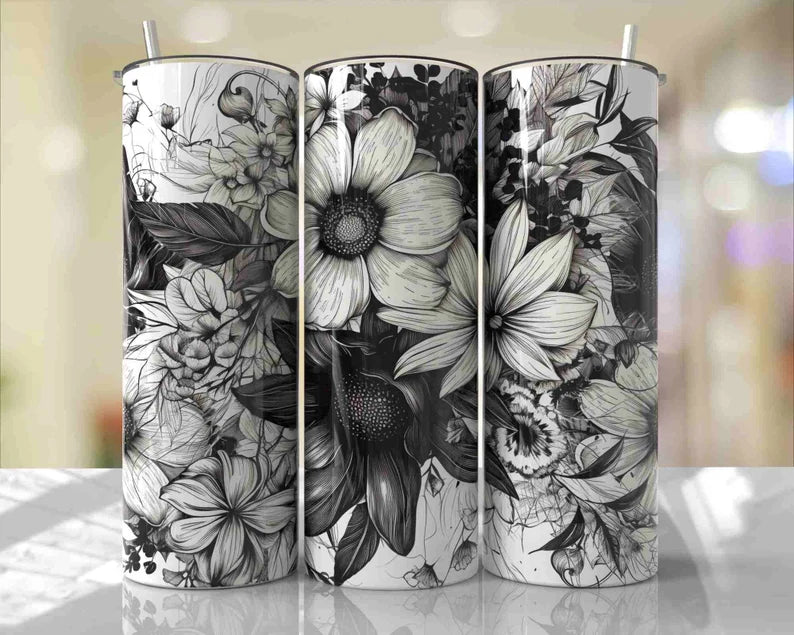 Black and White Flowers 20 oz Tumbler Sublimation Transfer